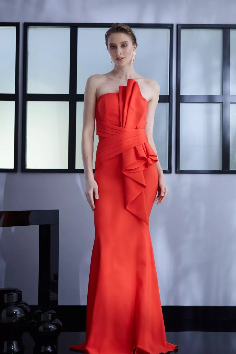 Coral Crepe Strapless Maxi Dress